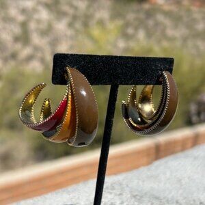 MCM Green Yellow Red 3-D Enamel Gold Trimmed Hoop EARRINGS